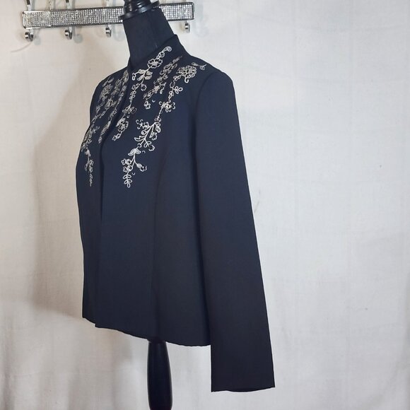Coldwater Creek Black White Floral Embroider Sequin Open Front Poly Blazer Sz 16 - Picture 10 of 16